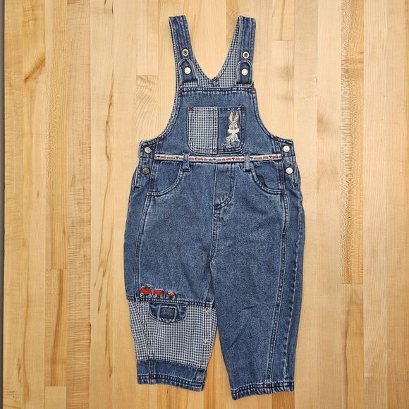 Other - Vintage Baby Looney Tunes Overalls 2T 24 Mo Denim Bugs Bunny Jeans Choo Trains